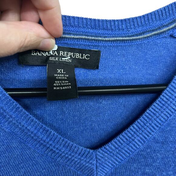 Quiet luxury silk linen sweater Banana Republic blue v‎ neck XL - Picture 4 of 6